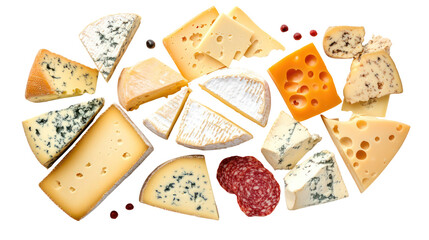Assortment of cheese slices and wedges isolated on transparent background