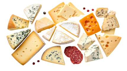 Assortment of cheese slices and wedges isolated on transparent background
