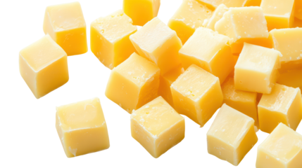 Pile of diced cheddar cheese cubes isolated on transparent background