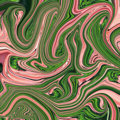 Abstract green and pink fluid swirl pattern resembling natural foliage tones, perfect for creative design and organic backgrounds. Keywords: abstract, green, swirl, pink, nature.