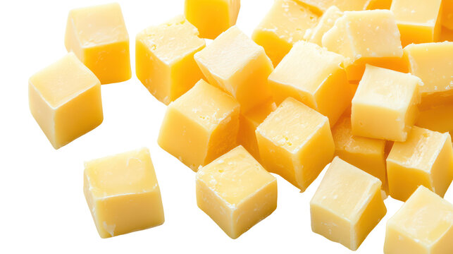 Pile of diced cheddar cheese cubes isolated on transparent background