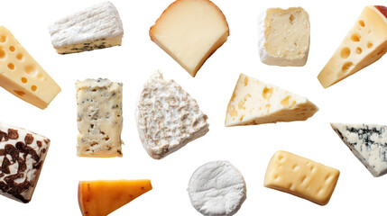 Assortment of various cheeses isolated on transparent background