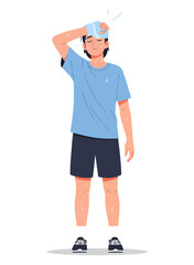 Young man applying an ice pack to his forehead to relieve a headache or fever.