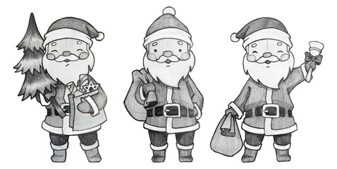 Vector illustration of Santa Claus in three different poses, suitable for coloring activities.