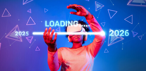 A creative representation of a person in a virtual reality headset showcasing a loading bar for the transition from 2025 to 2026, set in a vibrant, abstract digital environment. XDMCP