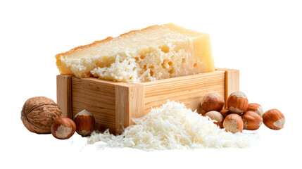 A wedge of artisanal cheese with nuts and grated cheese isolated on transparent background