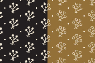 joshua desert tree with dot retro illustration pattern on black tan background set for western. yucca brevifolia tree vintage doodle motif wallpaper. arid desert flora hand drawn silhouette pattern