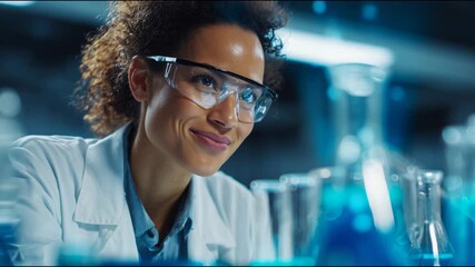 Happy female medical research scientist observing a chemical reaction in a test tube - Powered by Adobe