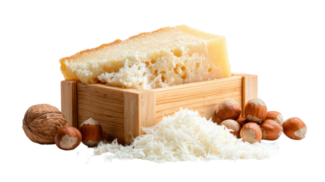 A wedge of artisanal cheese with nuts and grated cheese isolated on transparent background