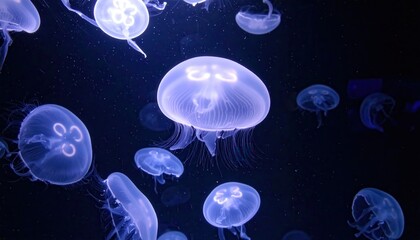 Fototapeta premium Captivating photograph showcasing translucent jellyfish gracefully suspended in a dark blue aquatic environment, illuminated with ethereal, glowing highlights that create a serene and mysterious...