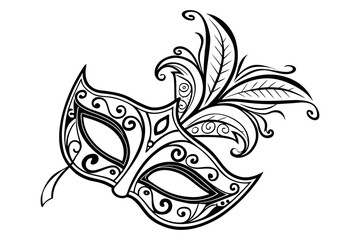 Intricate Venetian Masquerade Mask Line Art. Elegant Ornamental Design for Coloring and Decoration.
