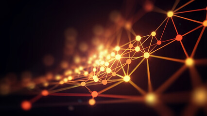 Abstract futuristic digital network featuring interconnected glowing nodes and radiant lines over a dark background, symbolizing data flow, energy, and virtual connectivity.