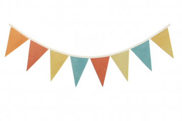 Colorful bunting flags creating a festive garland, celebrating occasions with cheerful party decoration on transparent background
