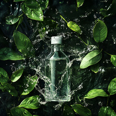 Fresh Water Bottle with Leaves, Natural Water Splash, Eco Water Bottle, Green Nature Splash, Fresh Organic Drink, Clean Water Concept