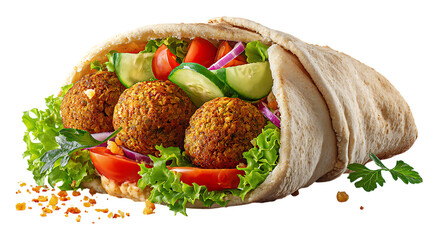 Delicious falafel pita sandwich isolated on transparent background, a middle eastern delight