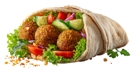 Delicious falafel pita sandwich isolated on transparent background, a middle eastern delight