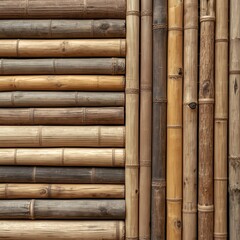 Stacked natural bamboo poles arranged horizontally, showcasing organic texture, earthy tones, and rustic tropical design ideal for eco background, sustainable decor, or nature-inspired architecture vi