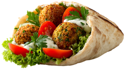 Falafel pita sandwich isolated on transparent background, a tasty and healthy street food