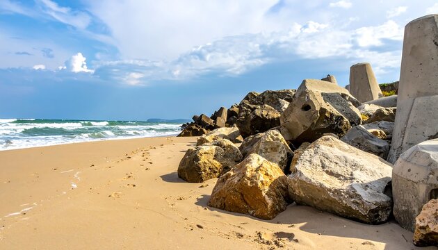 Sandy beach with large rocks and concrete barriers