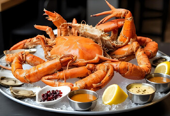 Fresh seafood platter with lobster, shrimp, oysters, and lemon on ice