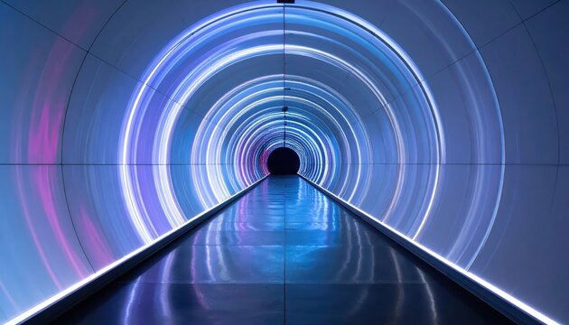 Elongated tunnel interior features a series of concentric light rings, radiating illumination along a pathway, creating a futuristic, atmospheric ambiance, enhanced by reflective flooring and cool...
