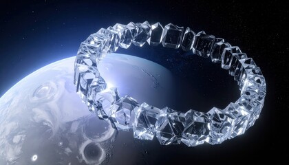 Spectacular cosmic scene showcases a luminous crystalline ring encircling a serene celestial body, with a dark and starlit expanse of space serving as the backdrop, revealing the stunning interplay...