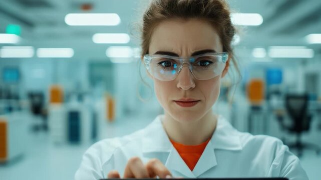 Focused female scientist in laboratory setting wearing safety glasses, analyzing data on tablet with colleague in background 4k video footage