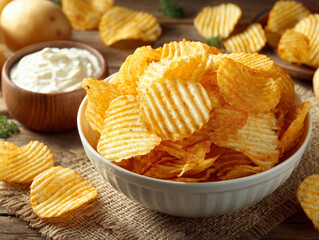 Crispy salty chips arranged in bowl appetizer