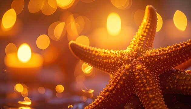 perspective shows a detailed starfish with textured surfaces, bathed in warm golden light, alongside blurred glowing orbs that create a soft, dreamy bokeh effect, evoking a sense of tranquility and...