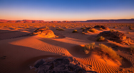 The sun sets over the sahara desert, casting long shadows across the sand dunes and rocky outcrops, creating a warm and inviting landscape