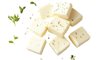 Cubed cheese with herbs isolated on transparent background