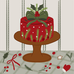Cute Christmas Cake Vector Illustration with Holiday Decorations