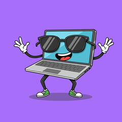 Playful cartoon laptop with sunglasses, tongue out, and raised hands on purple background.