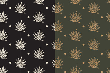 agave desert plant with dot retro illustration pattern on black green background set for western. aloe desert succulent with circle vintage doodle motif wallpaper. arid plant hand drawn vector pattern