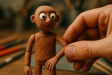 Human Hand Interacting with a Clay Stop Motion Character