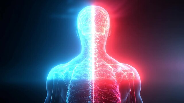 交感神経（赤・活発）と副交感神経（青・リラックス）の対比の動画	