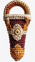 Handmade Crochet Pouch with Handle in Earth Tones on White Background Close Up Shot