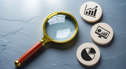 Magnifying glass over wooden circles with business analytics charts and graphs, symbolizing data analysis
