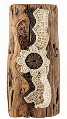 Rustic Driftwood Art with Crochet Floral Embellishments in Earth Tones on White Background