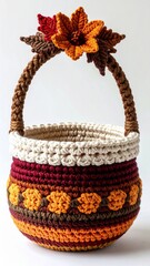 Autumnal Crocheted Basket with Handle and Fall Colored Leaf Details on White Background