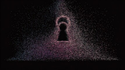 Amidst a Colorful Swarm of Particles, a Lock Silhouette Appears, Representing Security and Secrecy in a Digitally Enhanced Realm