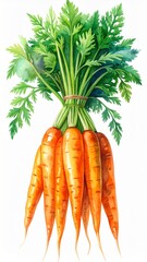 Watercolor Illustration of Orange Carrots Tied Together with Green Leaves on a White Background