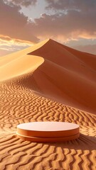 Minimalist Podium on Rolling Sand Dunes Landscape at Sunset with Golden Light