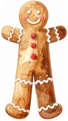 Watercolor Gingerbread Man Festive Holiday Cookie with Red Buttons and White Icing