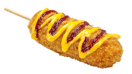 Delicious korean corn dog isolated on transparent background with mustard and ketchup