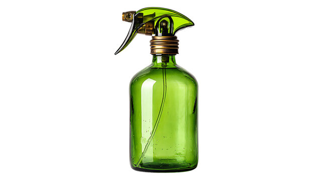Vintage green glass spray bottle isolated on transparent background for cleaning