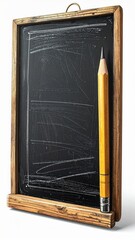 Vintage Wood Framed Black Chalkboard with Large Yellow Pencil on White Background
