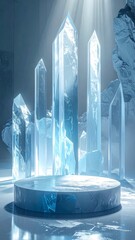 Tall Crystalline Structures on a Dark Pixelated Stage Under a Dramatic Light With Rock Background