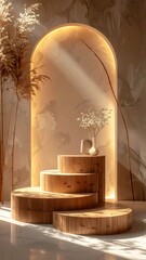 Elegant Interior Scene with Wooden Pedestal and Soft Lighting in Beige Room