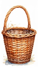 Woven Wicker Basket with Handle on White Background Studio Lighting
